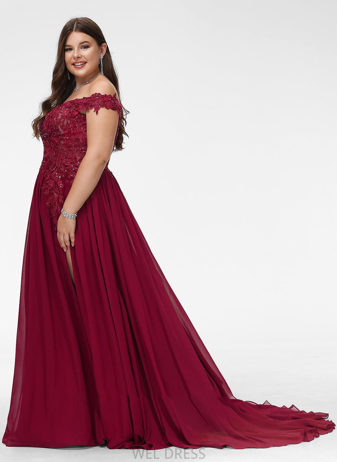 Chiffon With Lace Kimora Sweep A-Line Sequins Off-the-Shoulder Prom Dresses Train