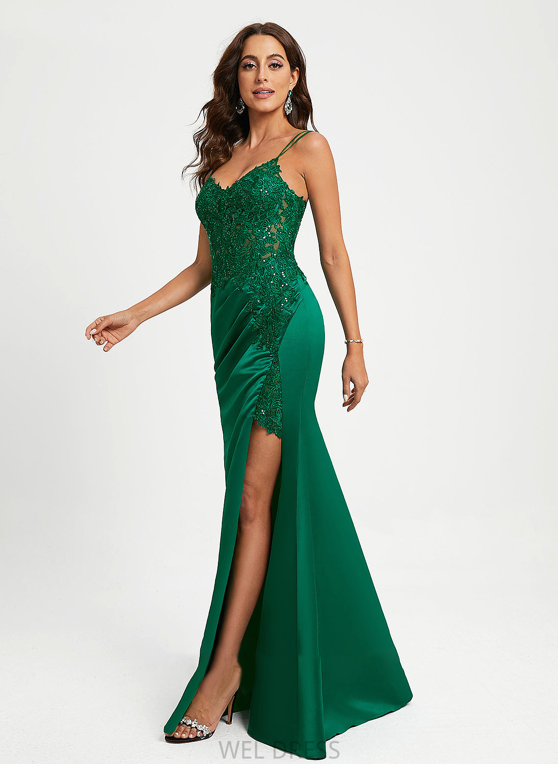 V-neck Sequins Hailee Satin Sheath/Column With Lace Floor-Length Prom Dresses