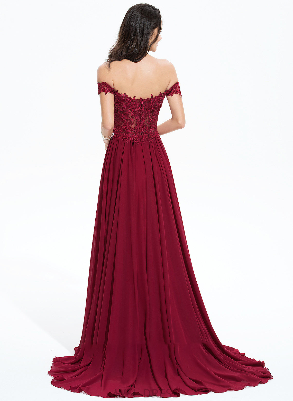 Chiffon With Lace Kimora Sweep A-Line Sequins Off-the-Shoulder Prom Dresses Train