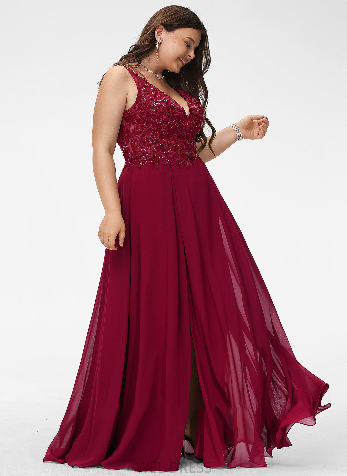 Lace Rubi Sequins Front With A-Line Floor-Length Prom Dresses Chiffon V-neck Split