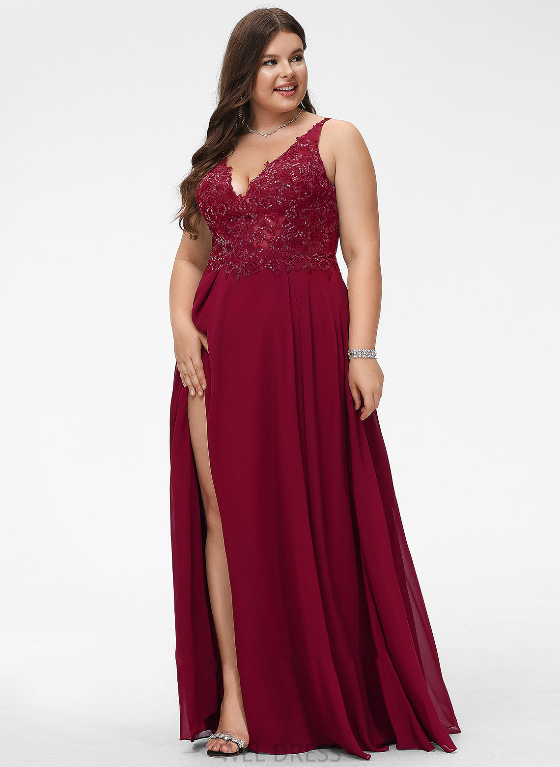 Lace Rubi Sequins Front With A-Line Floor-Length Prom Dresses Chiffon V-neck Split