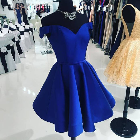 Off The Shoulder Homecoming Dresses Royal Blue A Line Satin Tiana V Neck Pleated Short