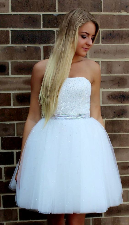 Strapless Ball Gown Homecoming Dresses Eva Tulle Beading Short White Pleated Princess