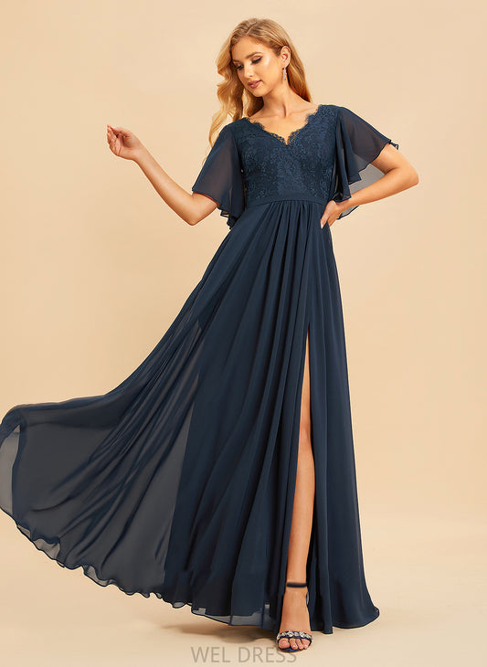 A-Line Length Floor-Length Silhouette Lace Fabric Neckline Embellishment V-neck SplitFront Shayla Sleeveless Bridesmaid Dresses