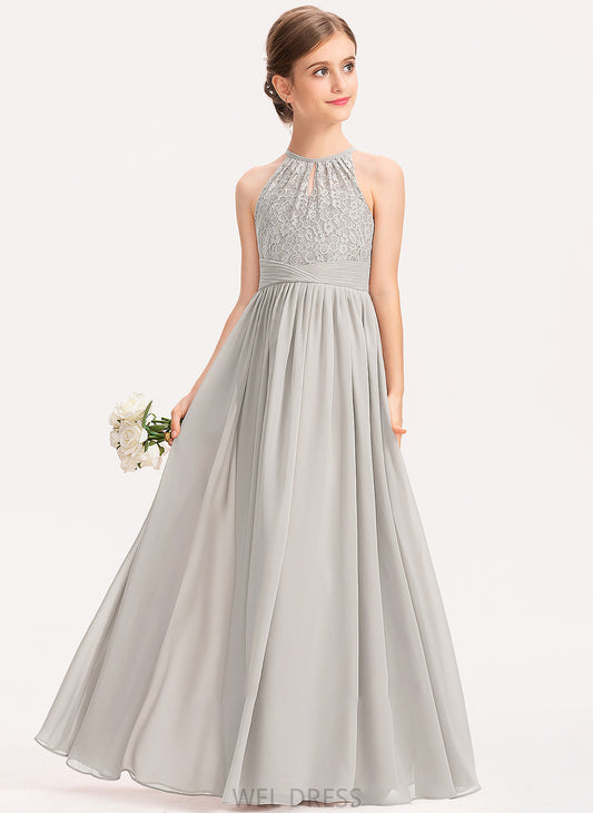 Floor-Length Scoop Neck Ruffle A-Line With Lace Junior Bridesmaid Dresses Kiley Chiffon