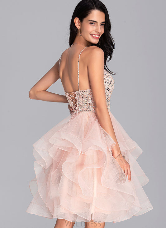 Sequins With Tulle Prom Dresses Ball-Gown/Princess Beading V-neck Janelle Knee-Length