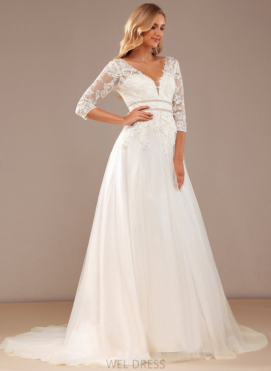 Ball-Gown/Princess Dress Train Beading Lace Tulle With Wedding Wedding Dresses V-neck Lace Sequins Court Jennifer