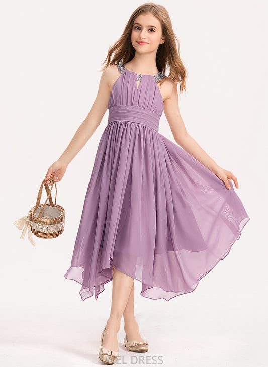 Junior Bridesmaid Dresses Scoop Tea-Length Bow(s) Beading Ruffle Brielle Chiffon Neck With A-Line