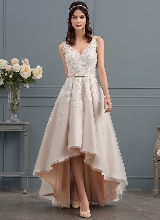 Tulle V-neck Lace A-Line Paloma With Bow(s) Wedding Dresses Wedding Dress Asymmetrical Satin