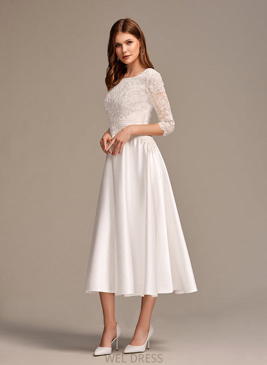 Scoop Judith Neck Wedding Dresses Satin Wedding Pockets With Dress A-Line Tea-Length Lace