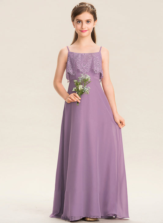 Square Floor-Length Lace Angeline Neckline A-Line Chiffon Junior Bridesmaid Dresses