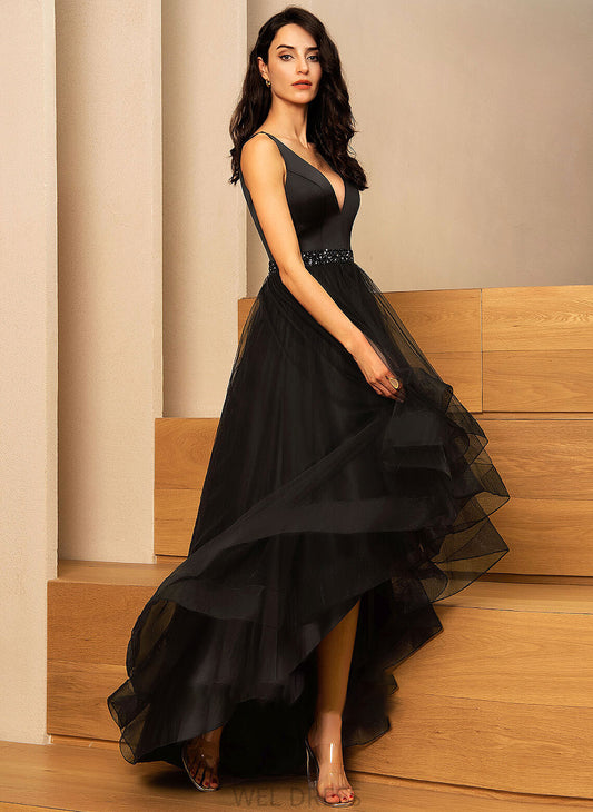 V-neck Cora With Tulle Prom Dresses Beading Asymmetrical Ball-Gown/Princess