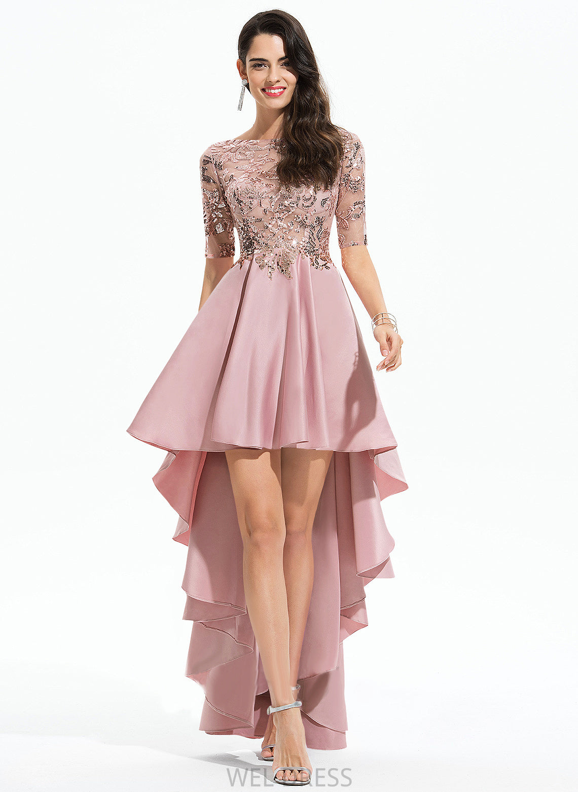 With Prom Dresses A-Line Jaqueline Sequins Lace Asymmetrical Satin Neck Scoop