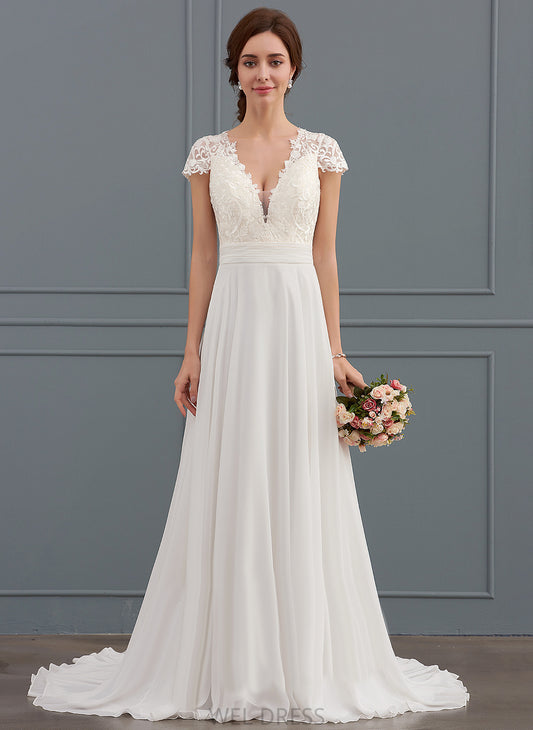 With Lace Train Lexi V-neck Wedding Ruffle Wedding Dresses A-Line Sweep Chiffon Dress