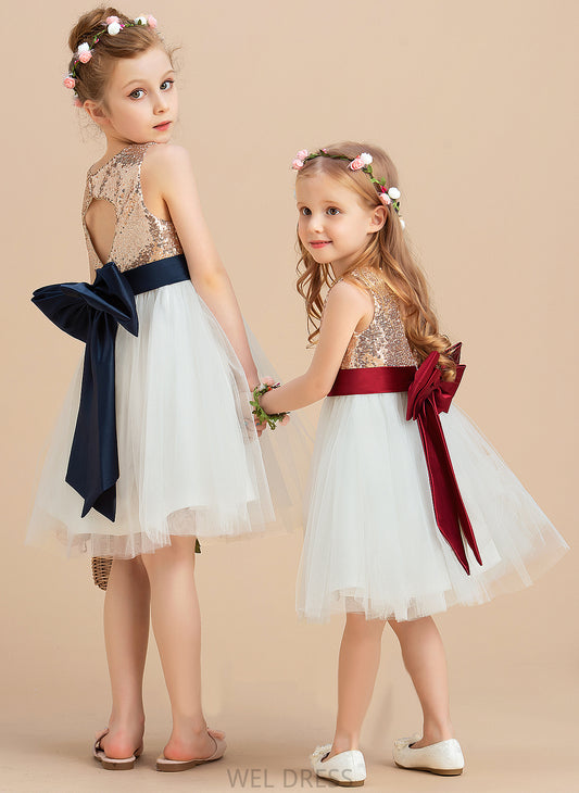 (Undetachable Lacey Flower Girl Dresses With Sequins/Bow(s) sash) Sleeveless Scoop Knee-length Neck Flower Dress - Satin/Tulle/Sequined A-Line Girl