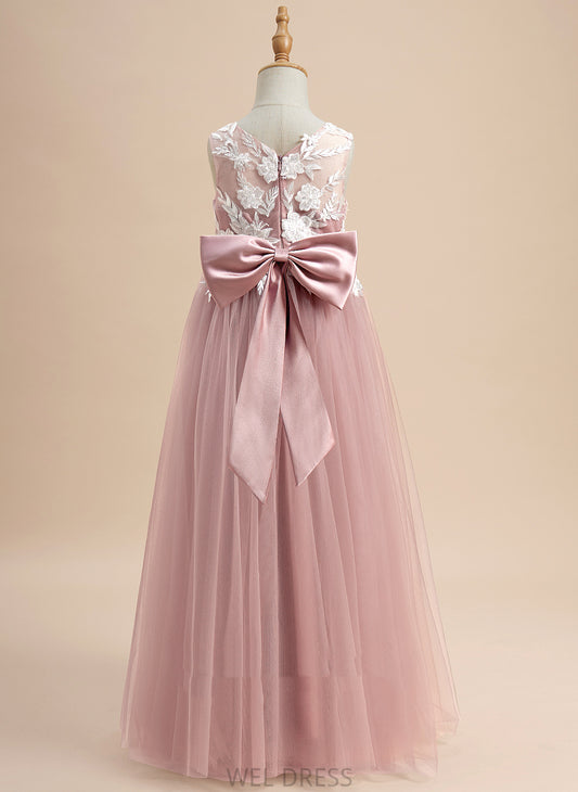 - A-Line Floor-length With Tulle Flower Flower Girl Dresses Dress Lace/Bow(s) Sleeveless Pancy V-neck Girl