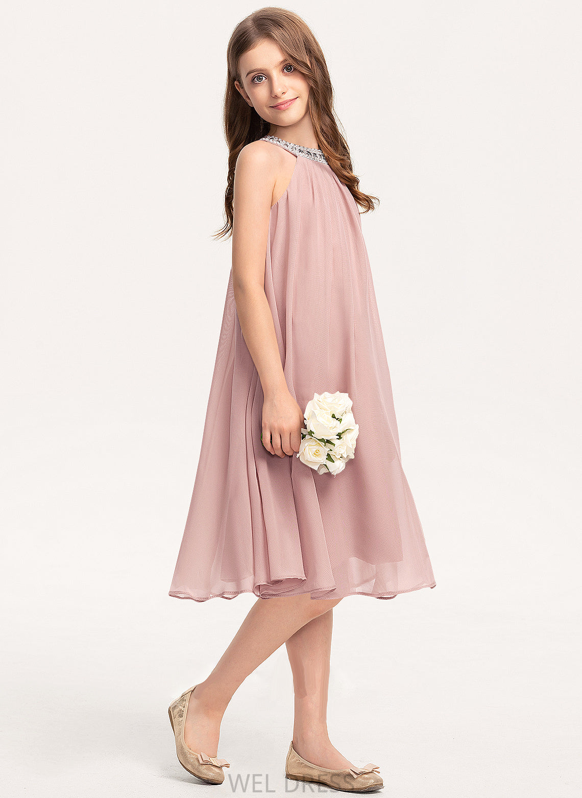 Junior Bridesmaid Dresses Knee-Length Madalyn With A-Line Neck Beading Scoop Sequins Chiffon