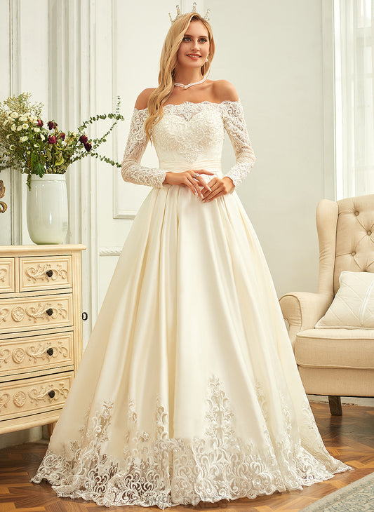 Wedding Dresses Satin Sequins Wedding With Lace Zion Ball-Gown/Princess Beading Sweep Off-the-Shoulder Dress Train