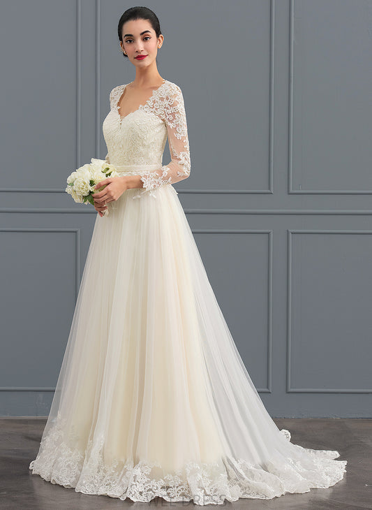Lace V-neck Ball-Gown/Princess Train Wedding Sweep Dress Tulle Wedding Dresses Anastasia