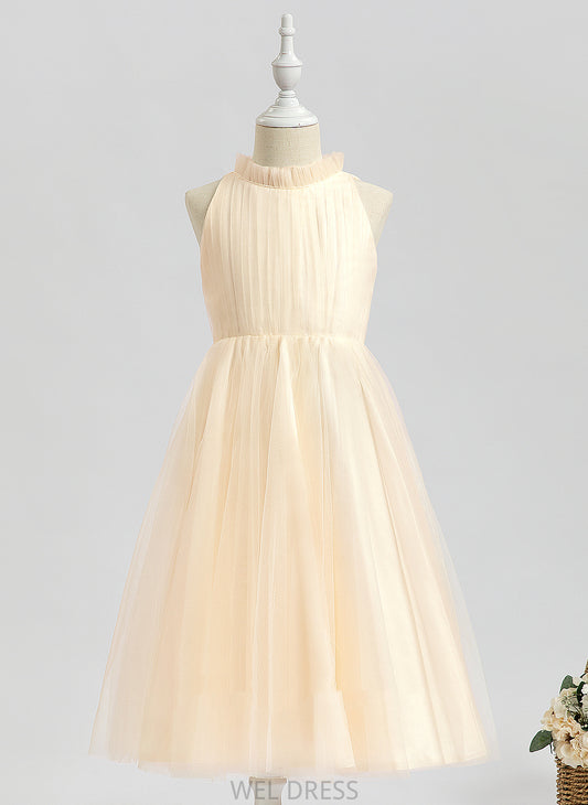 - Flower Neck High A-Line Cheyanne Girl Flower Girl Dresses Sleeveless Tulle Tea-length Dress