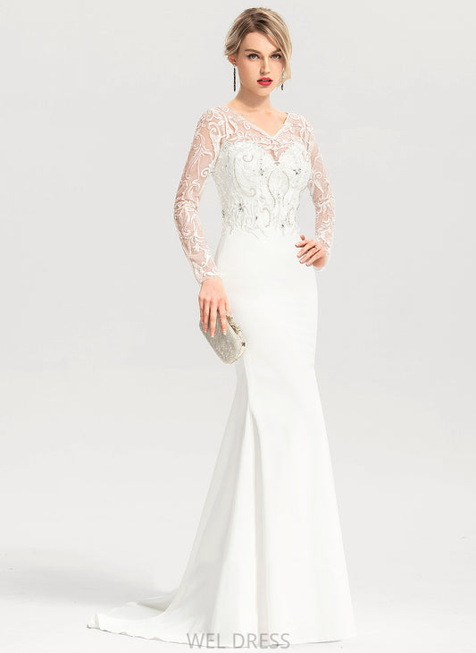 Sequins Wedding Dress Wedding Dresses Crepe Train Beading Trumpet/Mermaid Lace V-neck Ana With Sweep Stretch