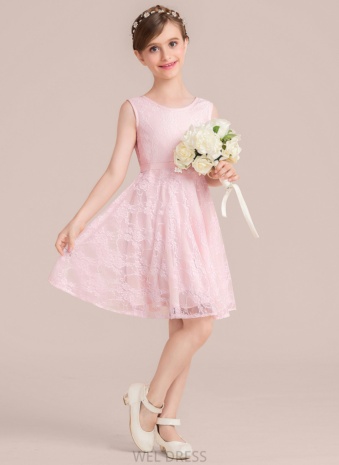 Lace Junior Bridesmaid Dresses Knee-Length Sash A-Line Destiny Scoop Neck Bow(s) With