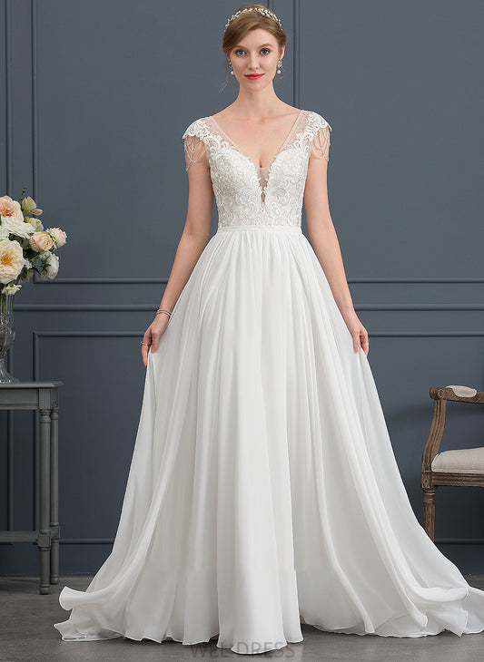 Sequins V-neck Dress A-Line Wedding Sweep Train Alexandra Chiffon With Beading Wedding Dresses