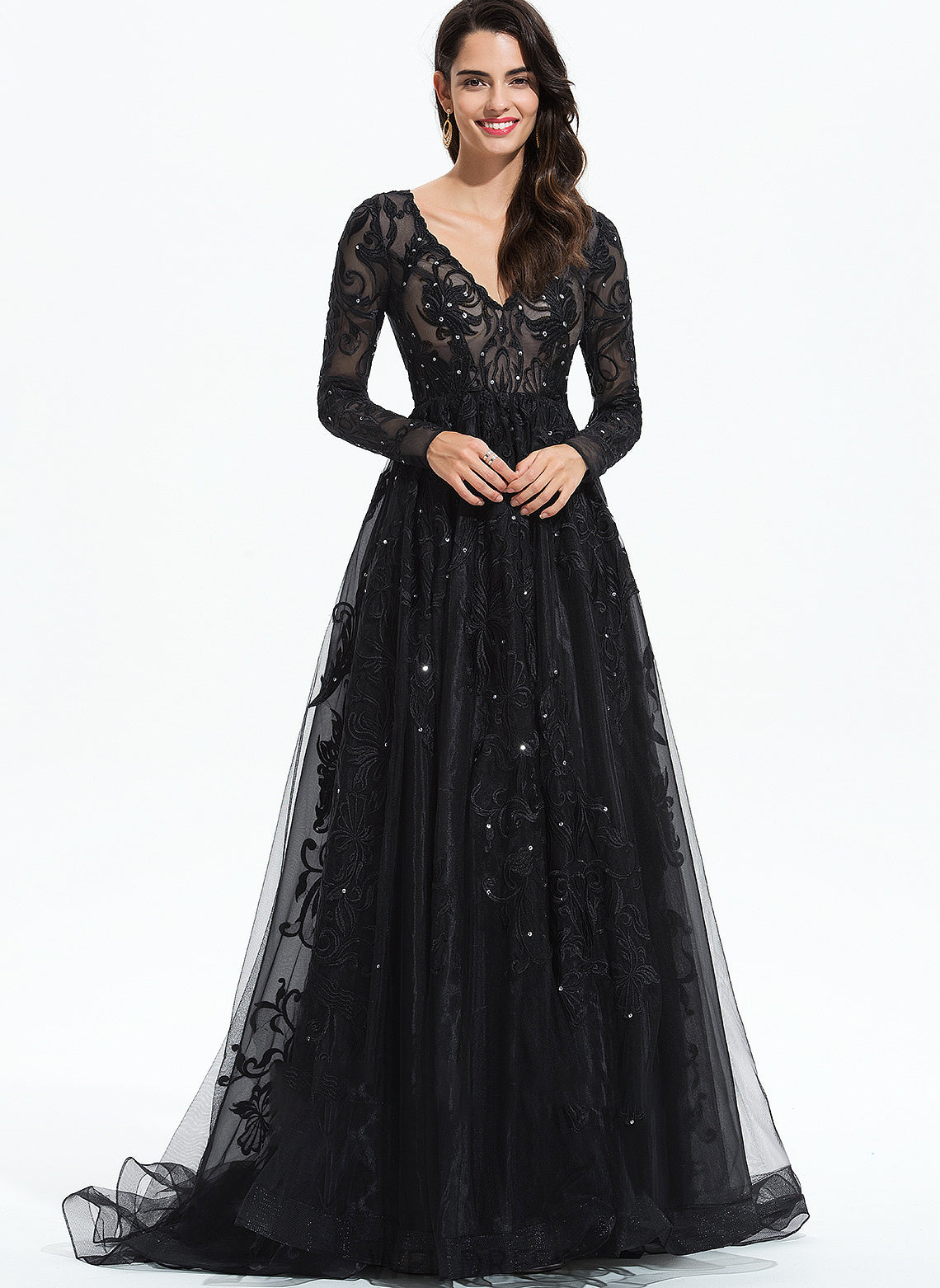 Sequins Sweep With Tulle Lana Ball-Gown/Princess V-neck Lace Prom Dresses Train