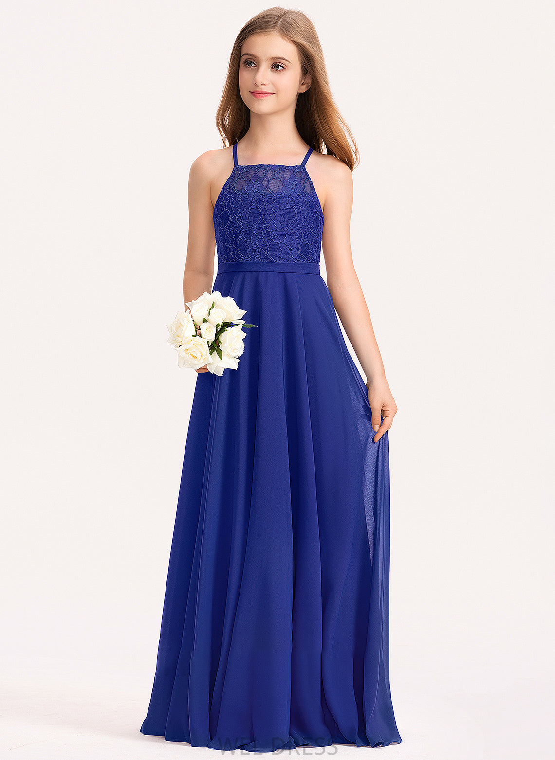 Alyson Chiffon Neckline Square Floor-Length Junior Bridesmaid Dresses A-Line Lace