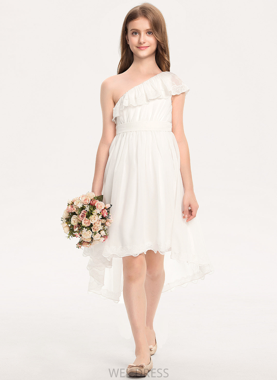 Bow(s) With Lace Giada A-Line Chiffon One-Shoulder Asymmetrical Junior Bridesmaid Dresses