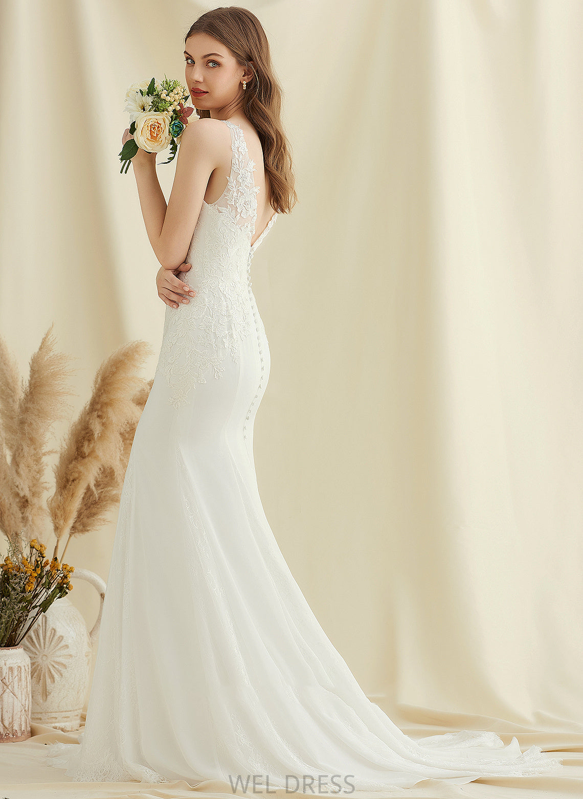 Madilyn V-neck Lace Trumpet/Mermaid Chiffon Wedding Wedding Dresses Dress Train Court