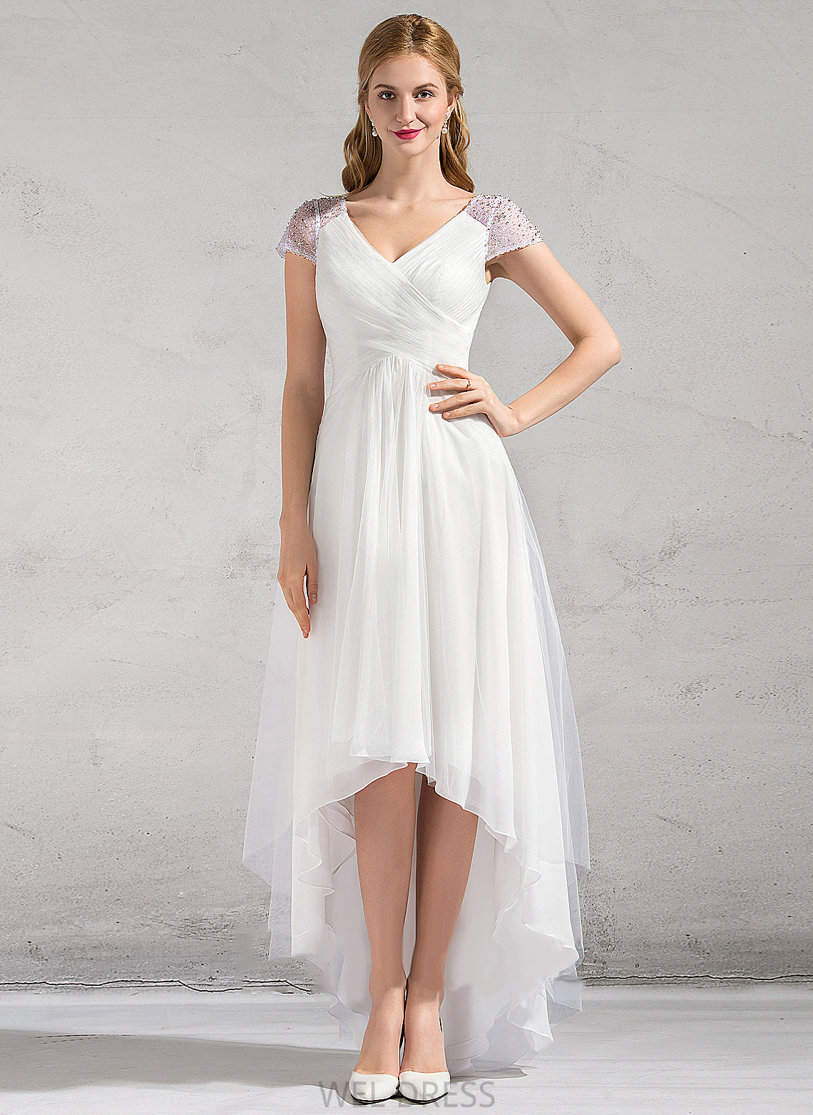 Wedding Dresses Sequins Asymmetrical Tulle Beading With Ruffle Wedding Dress V-neck A-Line Chelsea