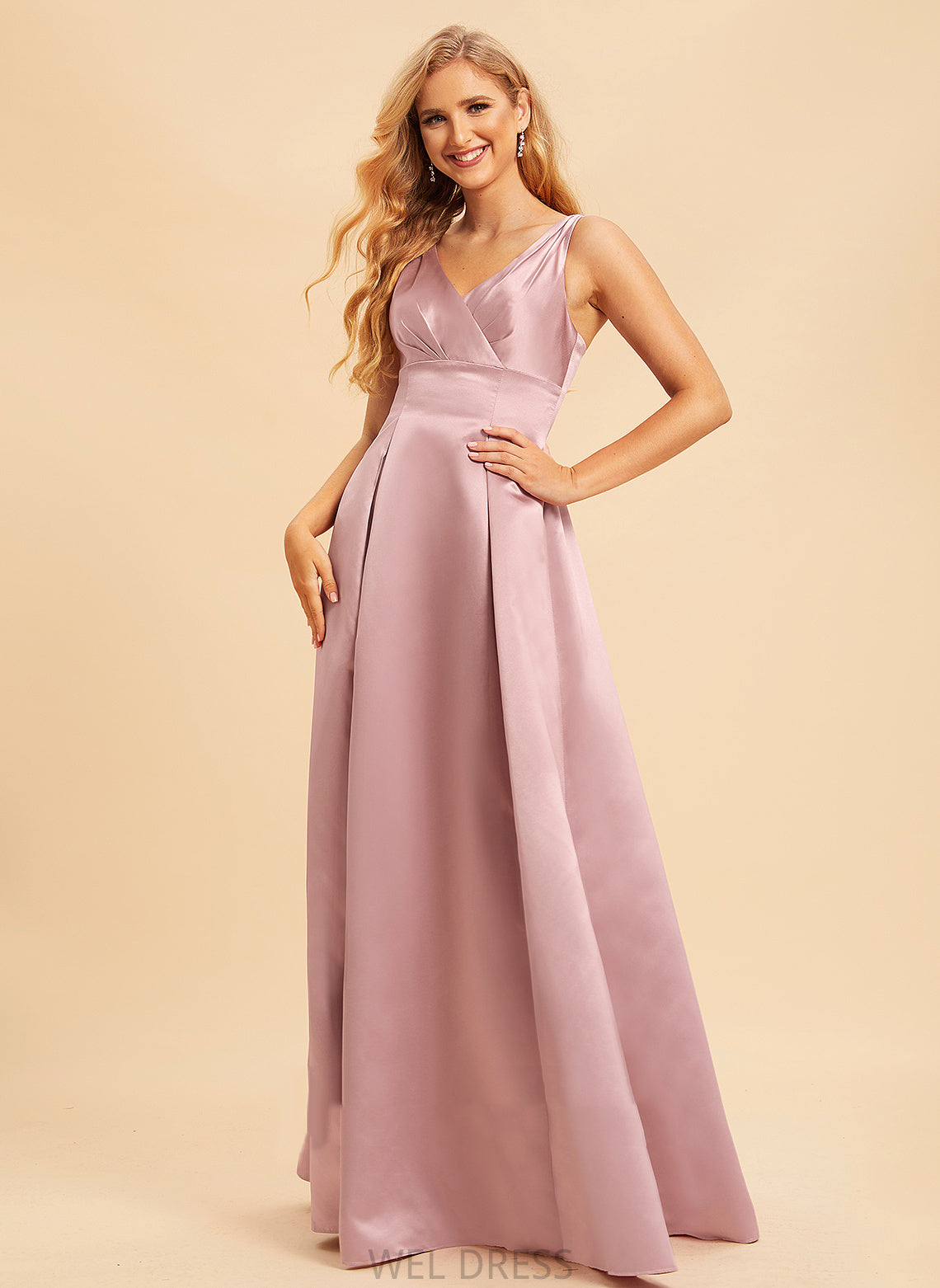 Straps Fabric Silhouette Satin Floor-Length V-neck Neckline Length A-Line Amina Stretch Satin Natural Waist Bridesmaid Dresses