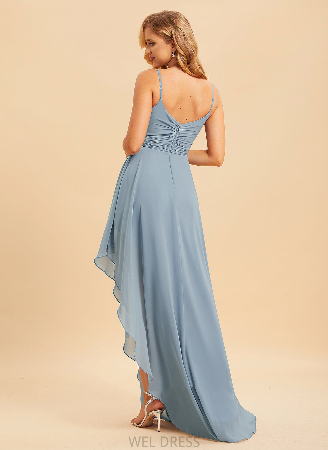 A-Line Ruffle Embellishment Asymmetrical Length Neckline Silhouette V-neck Fabric Andrea Sleeveless V-Neck Bridesmaid Dresses