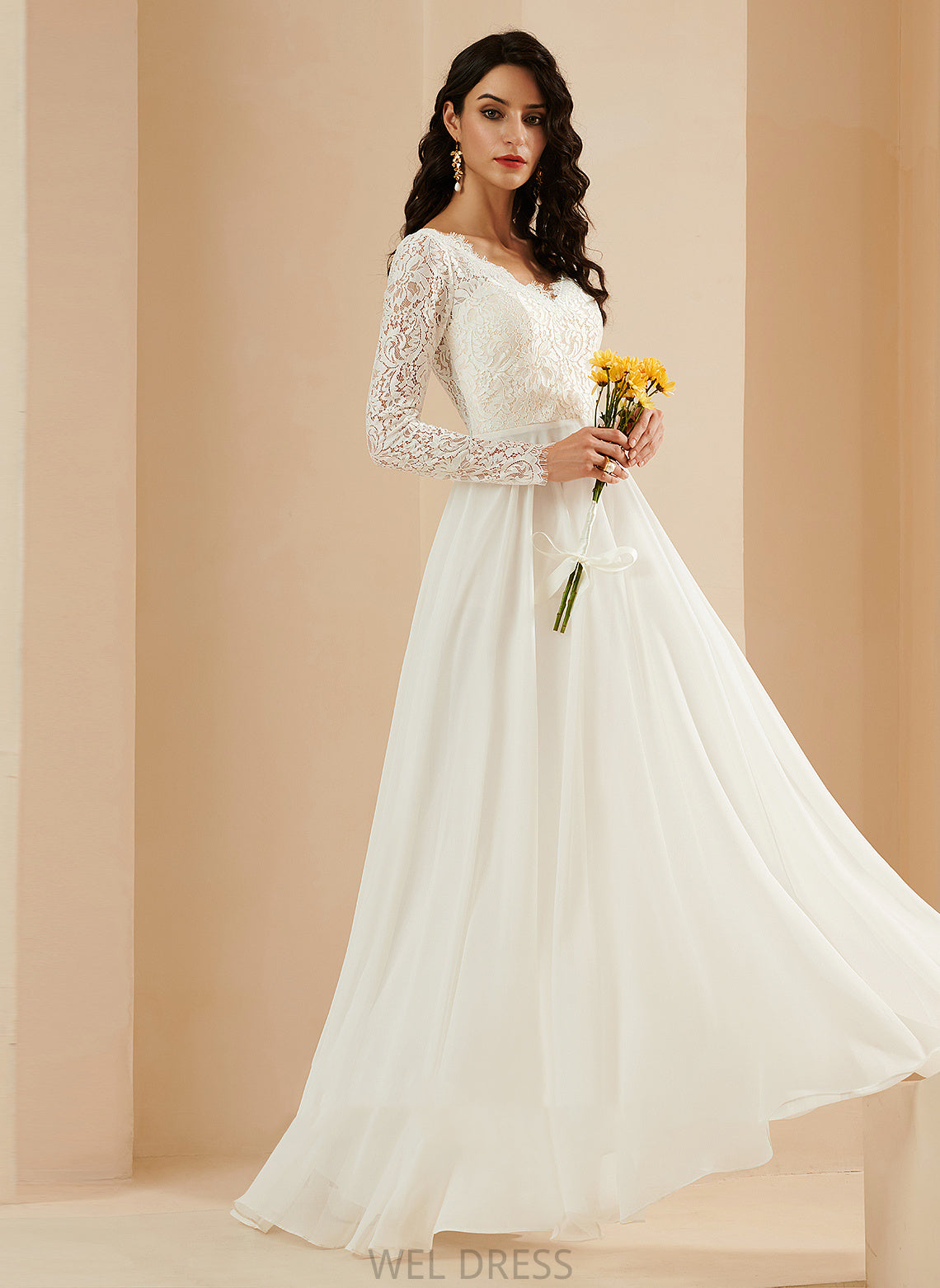 A-Line Chiffon Dress With Wedding Train Sweep Amy Wedding Dresses V-neck Lace