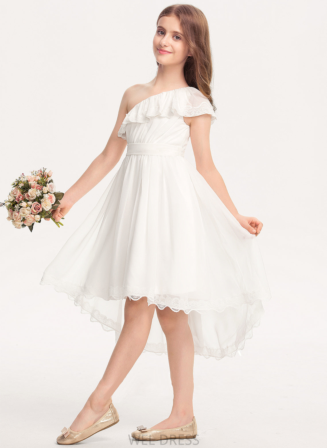 Bow(s) With Lace Giada A-Line Chiffon One-Shoulder Asymmetrical Junior Bridesmaid Dresses