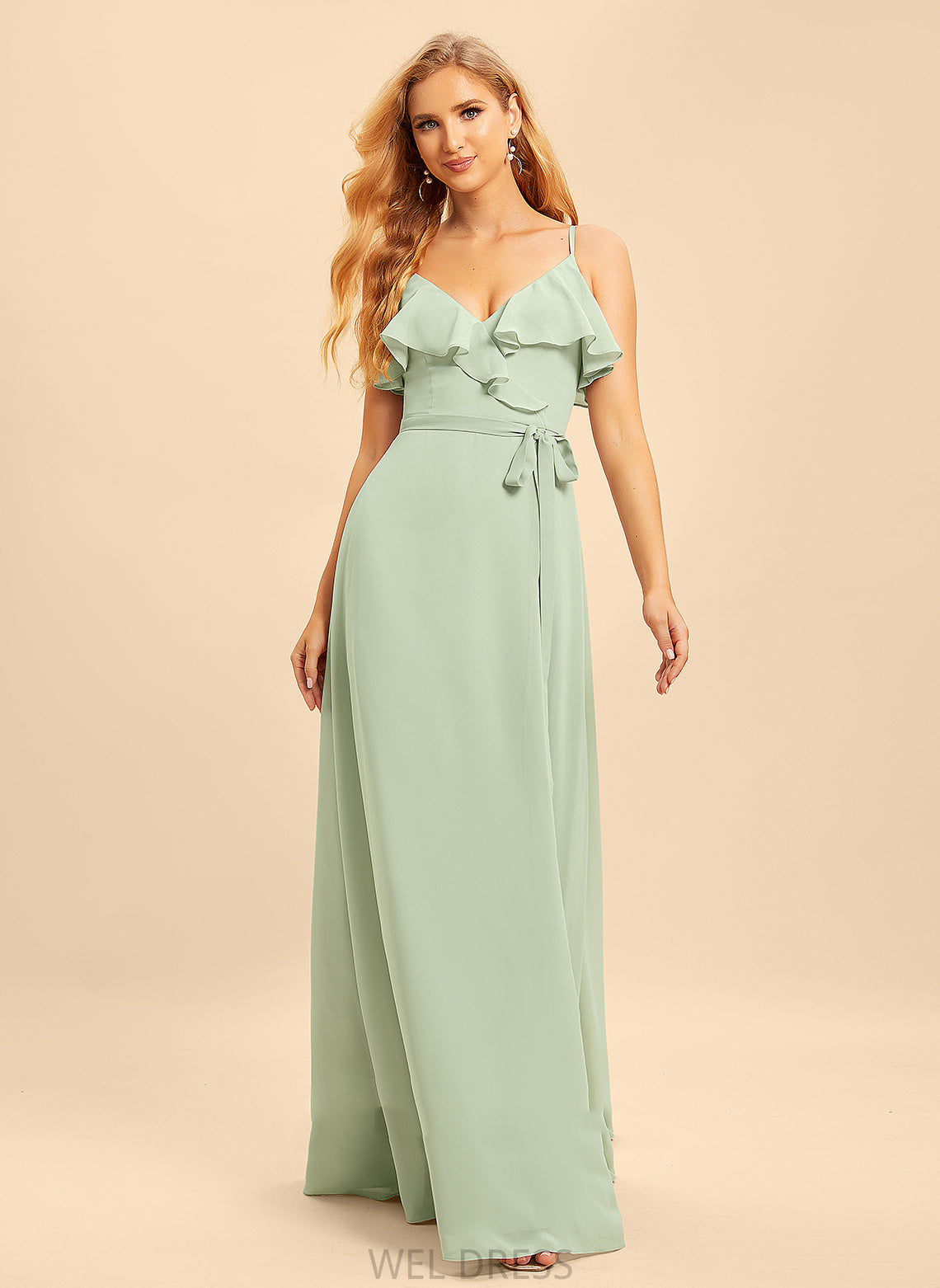 Embellishment SplitFront V-neck Ruffle Neckline Silhouette Floor-Length Length Fabric A-Line Lea Sleeveless Bridesmaid Dresses