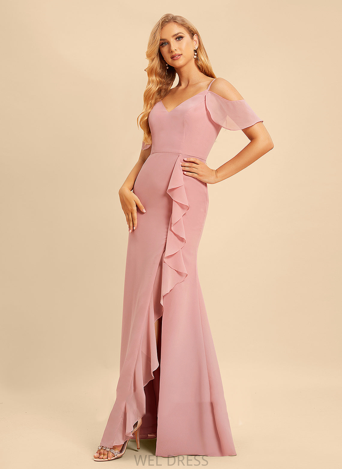 A-Line Ruffle SplitFront Neckline Length Floor-Length V-neck Fabric Embellishment Silhouette Leila V-Neck Bridesmaid Dresses