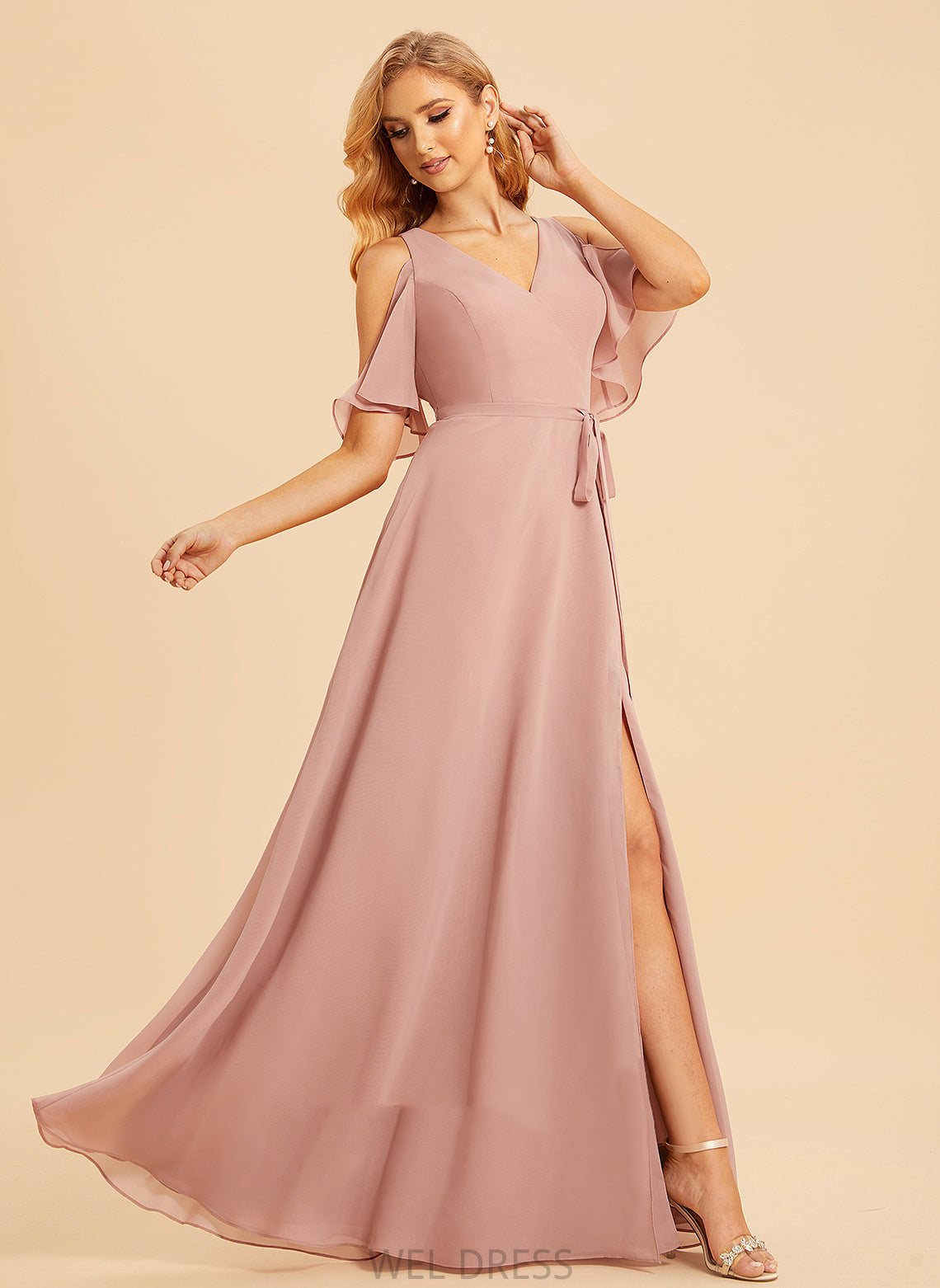 Neckline Silhouette V-neck Length Embellishment Fabric Floor-Length A-Line SplitFront Riley A-Line/Princess V-Neck Bridesmaid Dresses