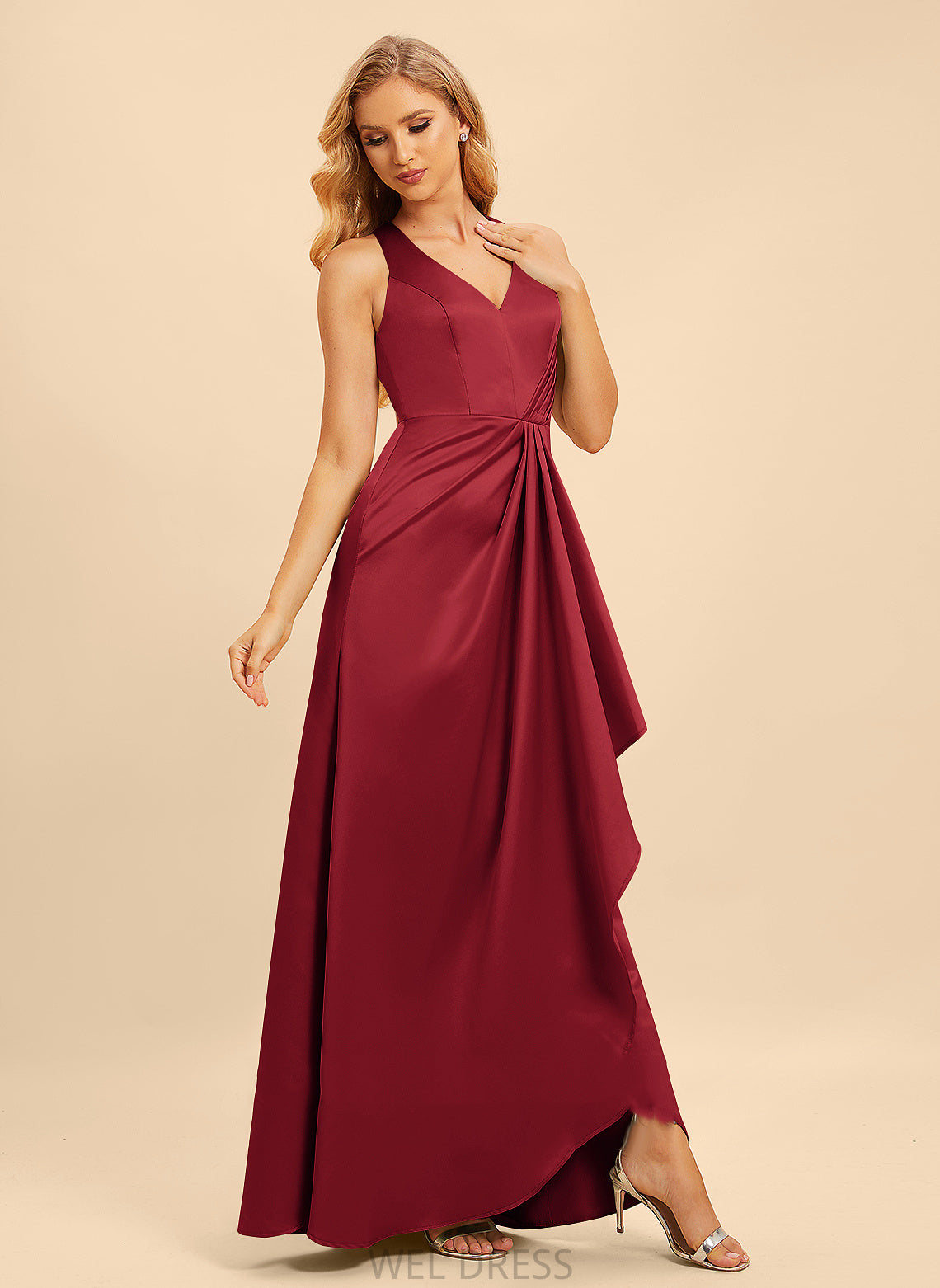 Ruffle V-neck Floor-Length SplitFront Silhouette Neckline Fabric A-Line Embellishment Length Lilah Sleeveless Bridesmaid Dresses