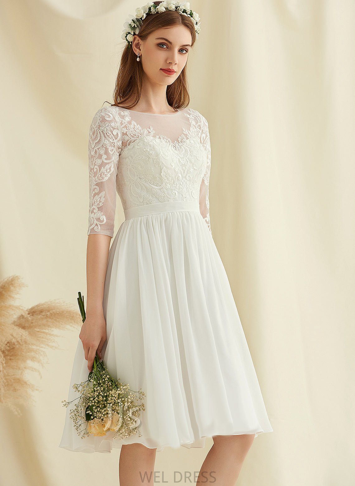 Carmen Dress With Scoop Lace Wedding Sequins Wedding Dresses A-Line Knee-Length Neck Chiffon