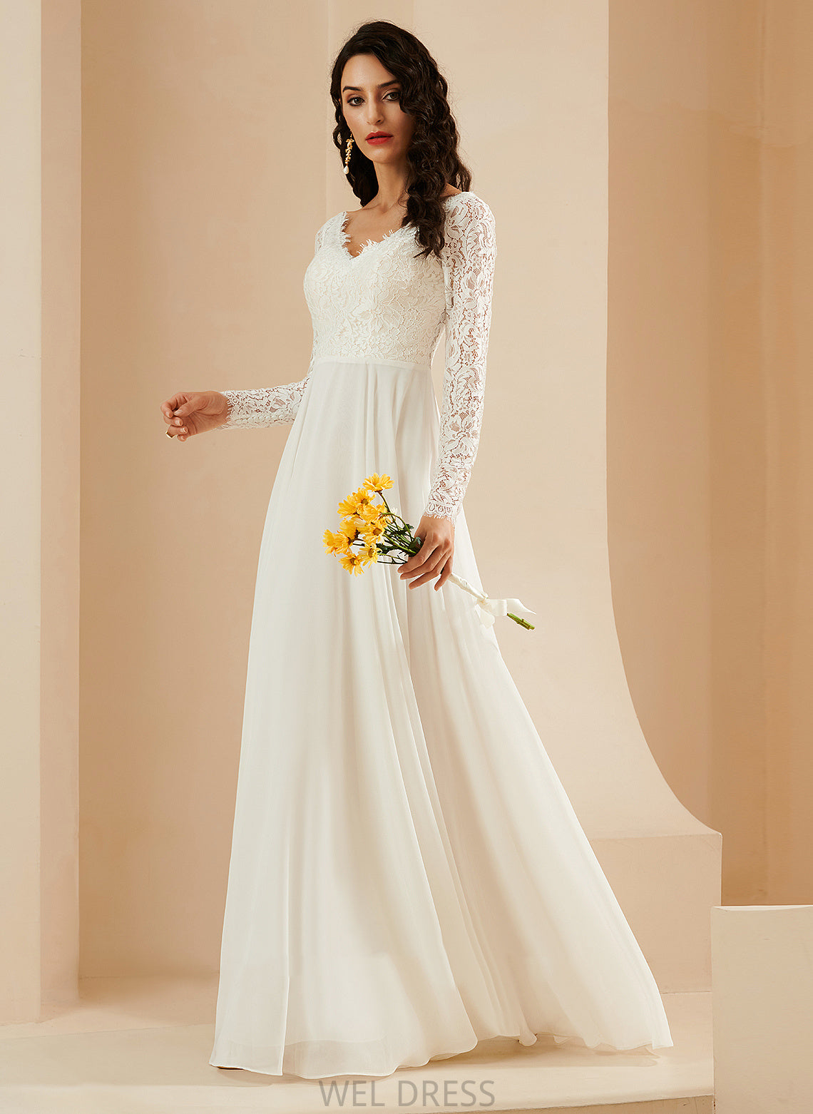 A-Line Chiffon Dress With Wedding Train Sweep Amy Wedding Dresses V-neck Lace