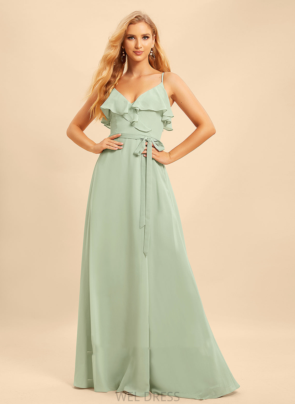 Embellishment SplitFront V-neck Ruffle Neckline Silhouette Floor-Length Length Fabric A-Line Lea Sleeveless Bridesmaid Dresses