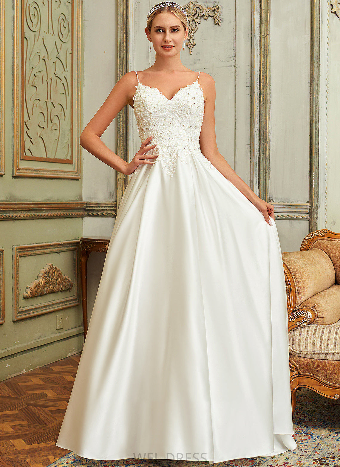 Ball-Gown/Princess Wedding Dresses With Kennedy Satin Lace Sequins V-neck Lace Pockets Train Dress Beading Wedding Sweep
