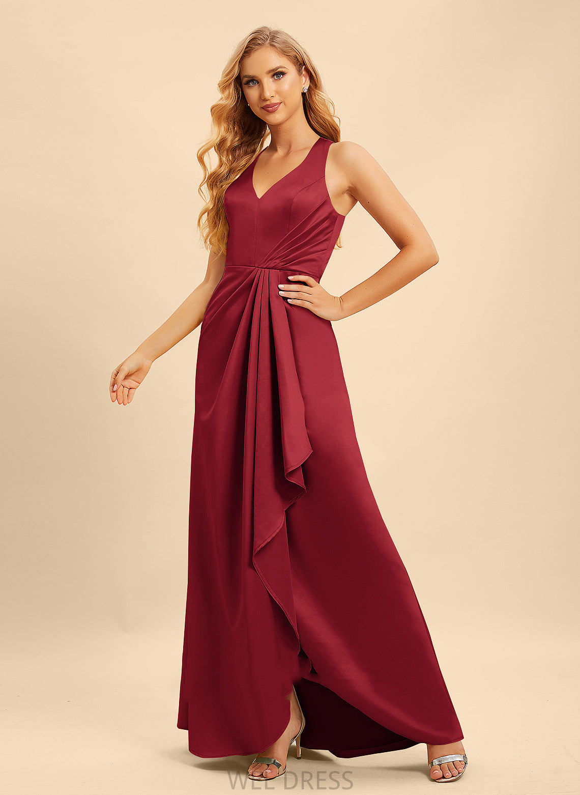 Ruffle V-neck Floor-Length SplitFront Silhouette Neckline Fabric A-Line Embellishment Length Lilah Sleeveless Bridesmaid Dresses