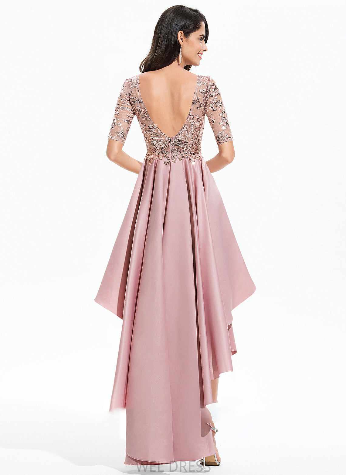 With Prom Dresses A-Line Jaqueline Sequins Lace Asymmetrical Satin Neck Scoop