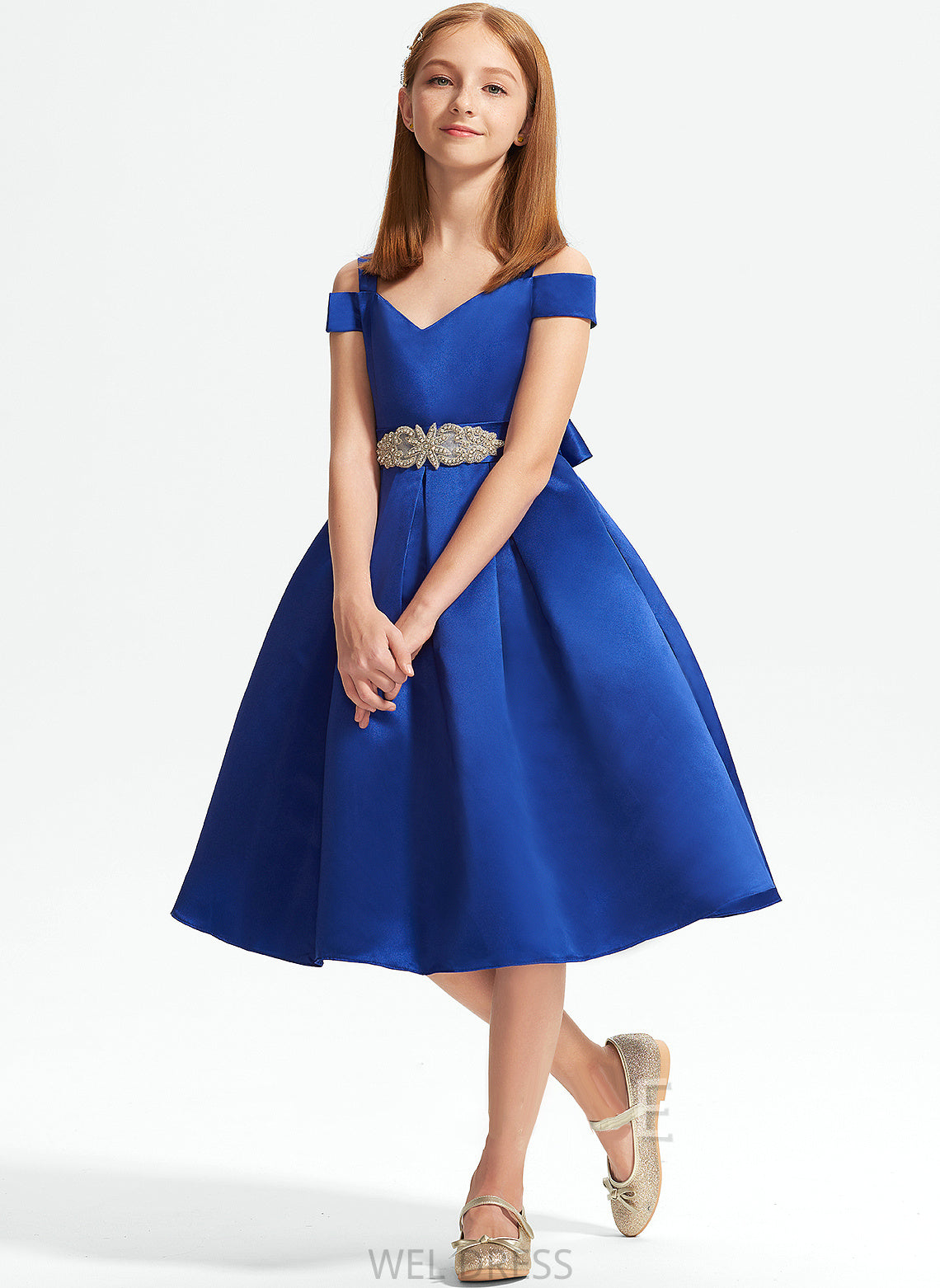 A-Line Junior Bridesmaid Dresses Knee-Length Ainsley Off-the-Shoulder Satin Bow(s) Beading With