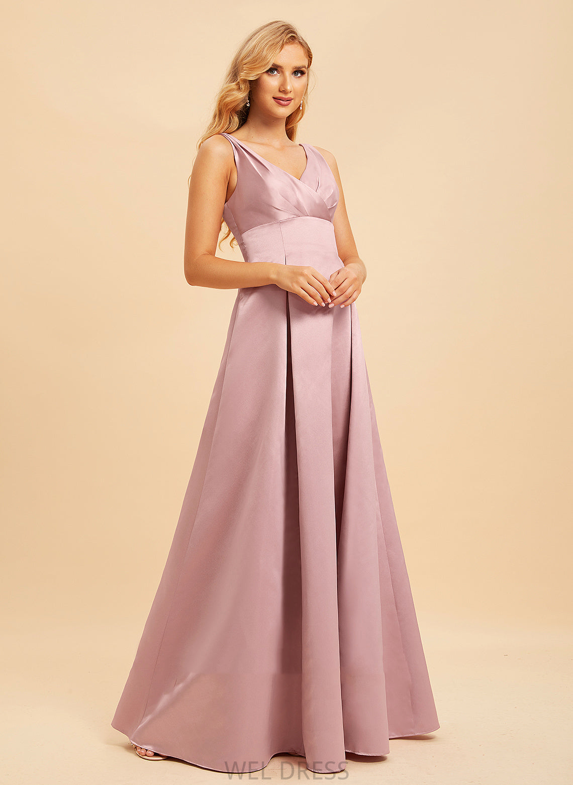 Straps Fabric Silhouette Satin Floor-Length V-neck Neckline Length A-Line Amina Stretch Satin Natural Waist Bridesmaid Dresses