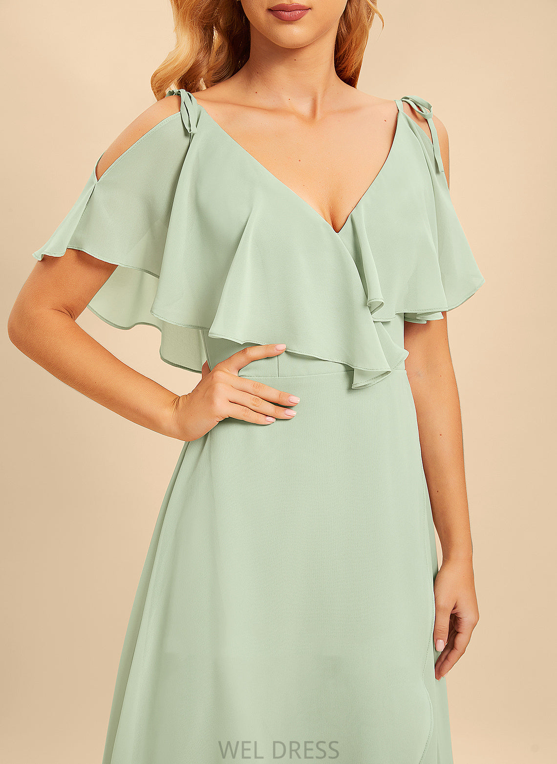 Asymmetrical A-Line V-neck Fabric Length Embellishment Silhouette Neckline Ruffle Xiomara A-Line/Princess Sleeveless Bridesmaid Dresses