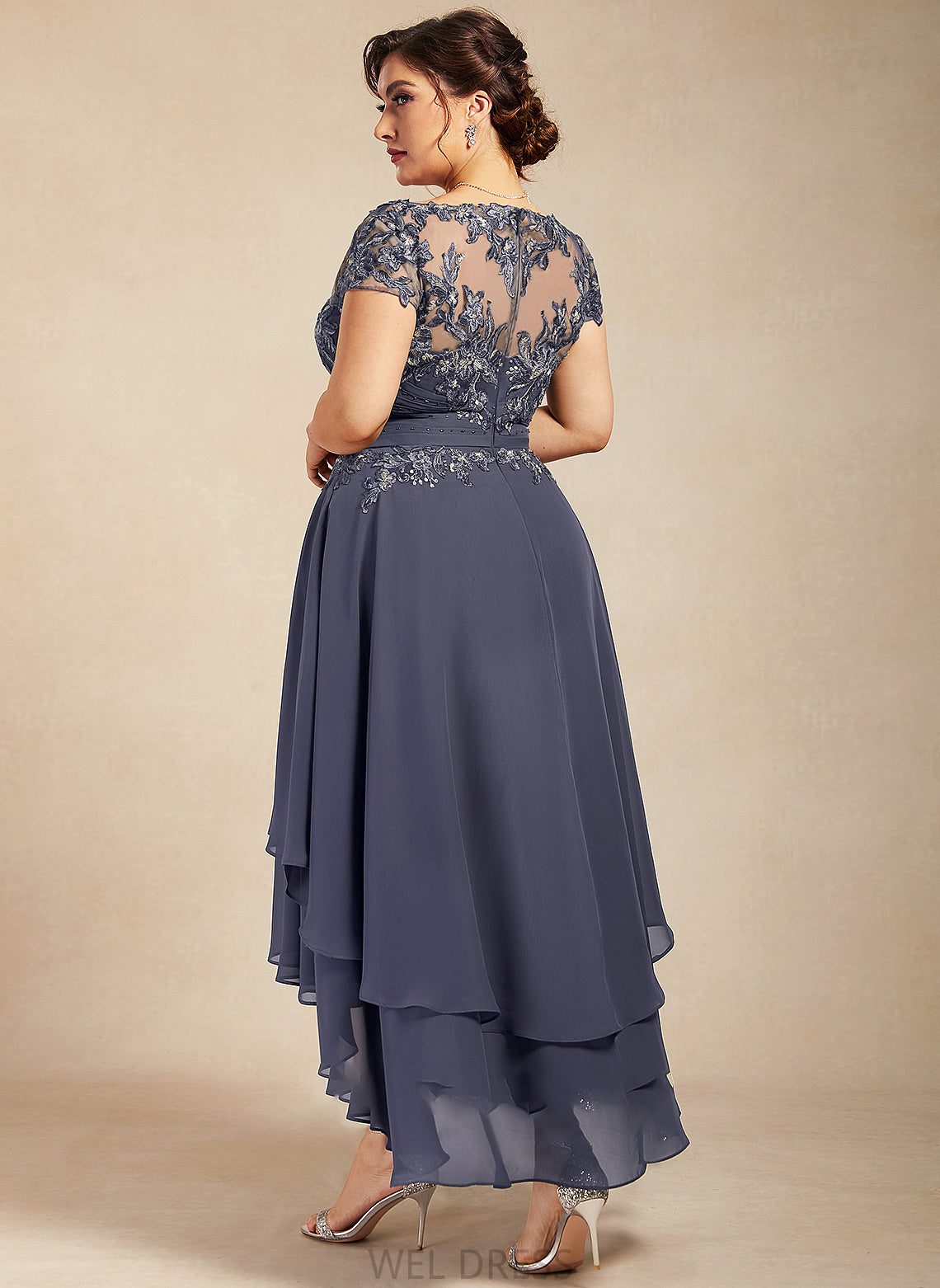 Beading the With Asymmetrical Dress Scoop Mother of the Bride Dresses of Mother Lace Neck Diamond Bride Chiffon A-Line